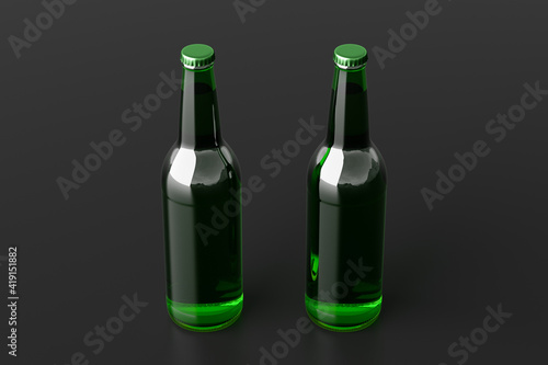Two beer bottles 500ml mock up on black background.