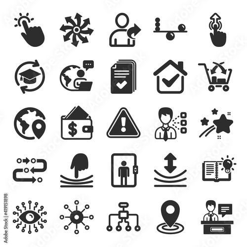 Artificial intelligence, Balance and Refer a friend icons. Continuing education, Methodology and Exhibitors signs. Swipe up, Elastic and artificial intelligence icons. Vector