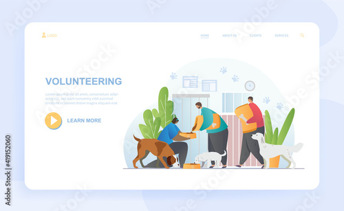 Male and female characters are volunteering together. Group of people helping and taking care of dogs in animal shelter. Website, web page, landing page template. Flat cartoon vector illustration