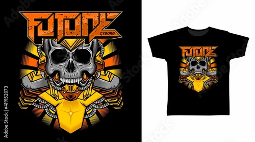 Illustration of cyborg armor skull head detailed design vector t-shirt.