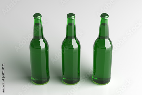 Three beer bottles 500ml mock up on white background.