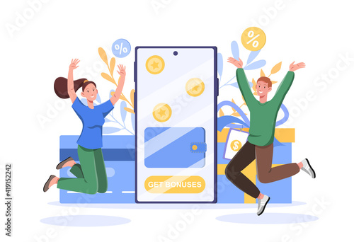 Get bonuses and cash back concept design, people are getting cash rewards and gifts from online shopping, Suitable for loyalty program, earn points concept, mobile app, ui. Vector Illustration