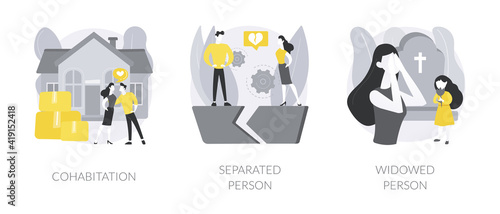 Living together abstract concept vector illustration set. Cohabitation, separated person, widowed person, common law relationship, divided couple, loss of partner, support group abstract metaphor.