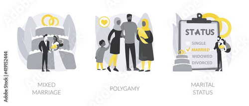 Legal status abstract concept vector illustration set. Mixed marriage, polygamy, marital status, multiracial family, persons relationship, different races and religions, wedding abstract metaphor.