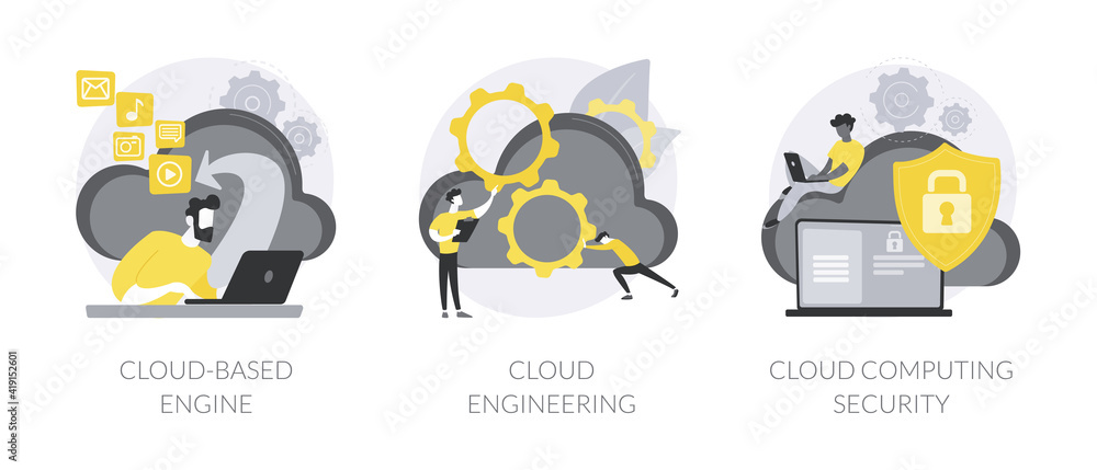 Data storage abstract concept vector illustration set. Cloud based engine, cloud-native software development and engineering, network computing security, storage access abstract metaphor. Data storage abstract concept vector illustration set. Cloud based engine, cloud-native software development and engineering, network computing security, storage access abstract metaphor.