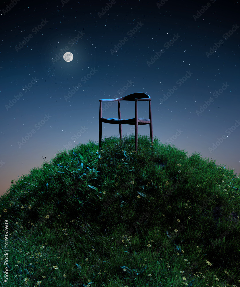 Natural moon night field of fresh grass environment, little hill meadow with wooden chair. lonely concept