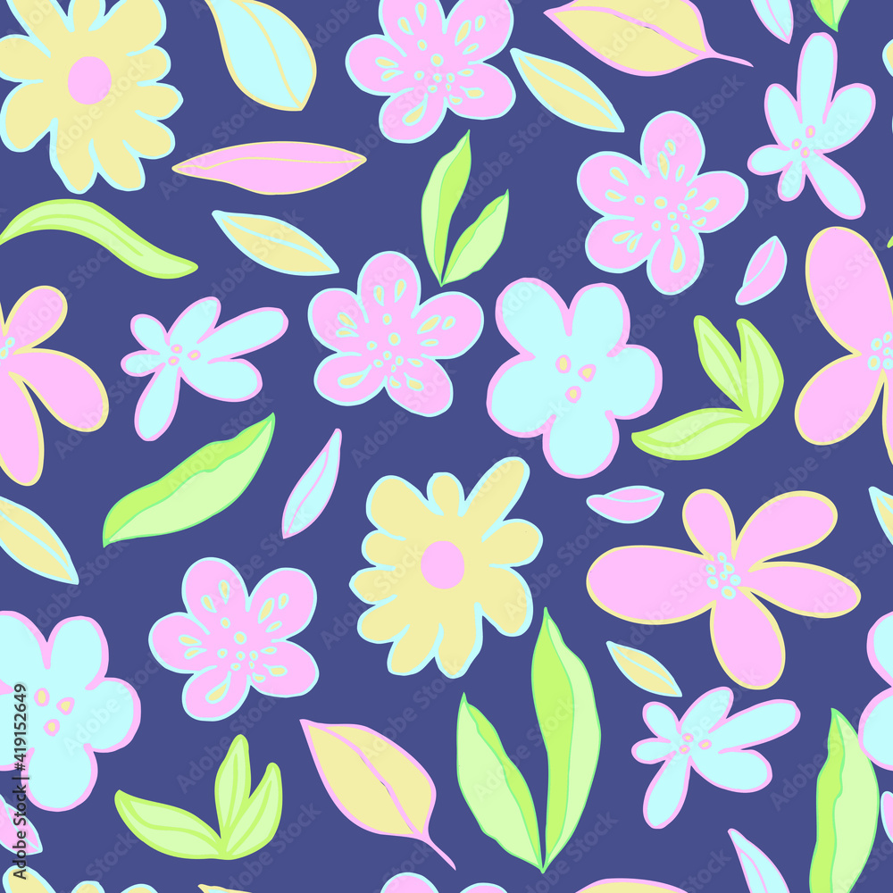 Obraz premium seamless pattern flowers and leaves pastel