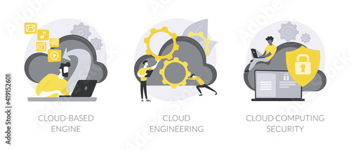 Data storage abstract concept vector illustration set. Cloud based engine, cloud-native software development and engineering, network computing security, storage access abstract metaphor.