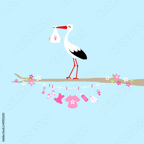 Storch auf Baum Wäscheleine Baby Icons Mädchen
