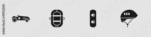 Set Vintage sport racing car, Rafting boat, Snowboard and Bicycle helmet icon. Vector.