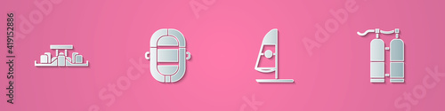 Set paper cut Formula 1 racing car, Rafting boat, Windsurfing and Aqualung icon. Paper art style. Vector.