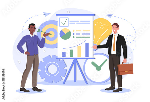 Shareholder or top manager with office worker study infographics, analyze KPI, growth chart during office meeting. Professional communication to generate idea. Flat cartoon vector illustration.