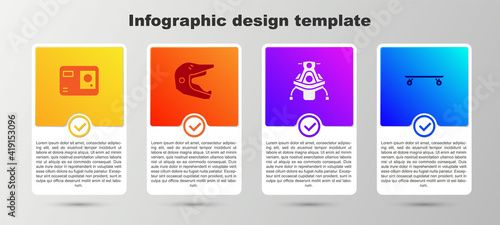 Set Action extreme camera, Motocross motorcycle helmet, Snowmobile and Longboard skateboard. Business infographic template. Vector.
