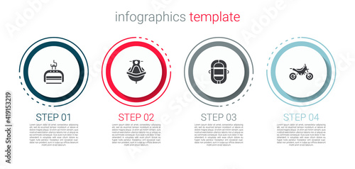 Set Ski lift, Jet ski, Rafting boat and Mountain bike. Business infographic template. Vector.