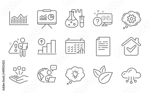 Cloud computing, Energy and Organic product line icons set. Cogwheel, Presentation and Graph chart signs. Money diagram, Online quiz and Calendar graph symbols. Line icons set. Vector