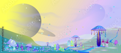 Fantastic landscape panorama of an alien world. Mystical mushrooms on the background of a fabulous sky and large moons. Vector illustration, banner.