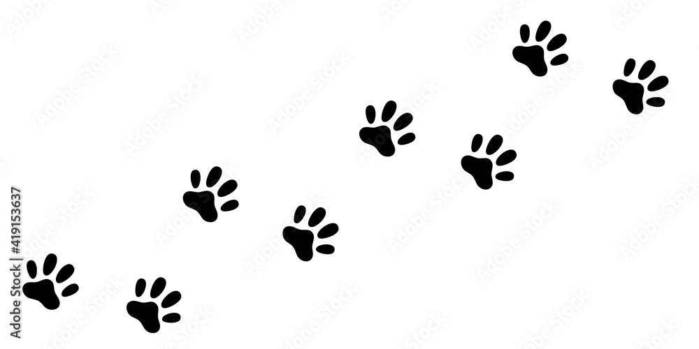 Cat dog paw foot print track diagonal. Footpath trail silhouette. Black footprint set. Cute kawaii animal sign symbol. Flat design. White background. Isolated.