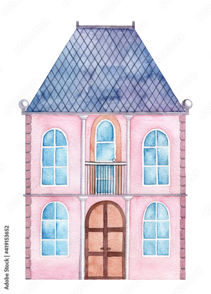 Watercolor manor estate facade. Hand painted illustration