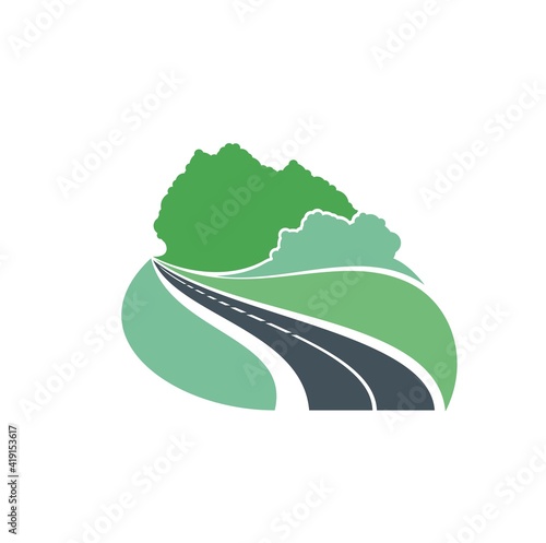 Road icon forest and highway path way, vector travel and journey trip symbol. Road curve to forest, asphalt with transport traffic lane, green eco construction and road building industry