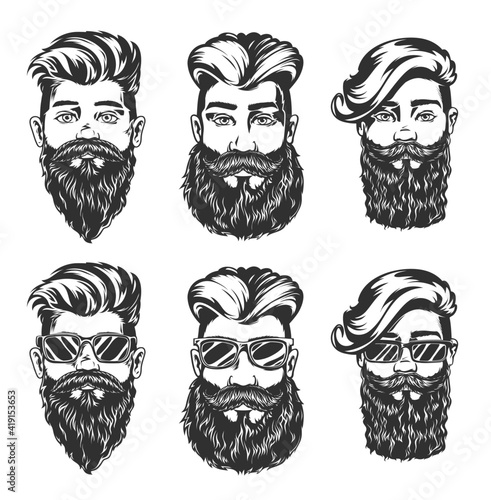Hipster hairstyle and beard style vector sketches of men faces with fashion haircuts, beards, mustaches and glasses, isolated hand drawn heads with undercut, angular fringe and pompadour hairstyles