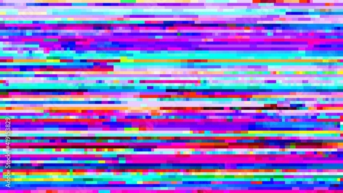 Abstract background with glitch effect, vector distorted glitch effect, no signal TV frame. Distortion, glitched colored horizontal stripes and random pixels on television set or video camera screen