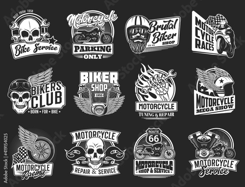 Motorcycle isolated icons of vector biker club and motorsport design. Motor bikes with wing, wheel and skull, rider, helmet, racing flag, wrench and spanner, engine, piston and fire flame emblems