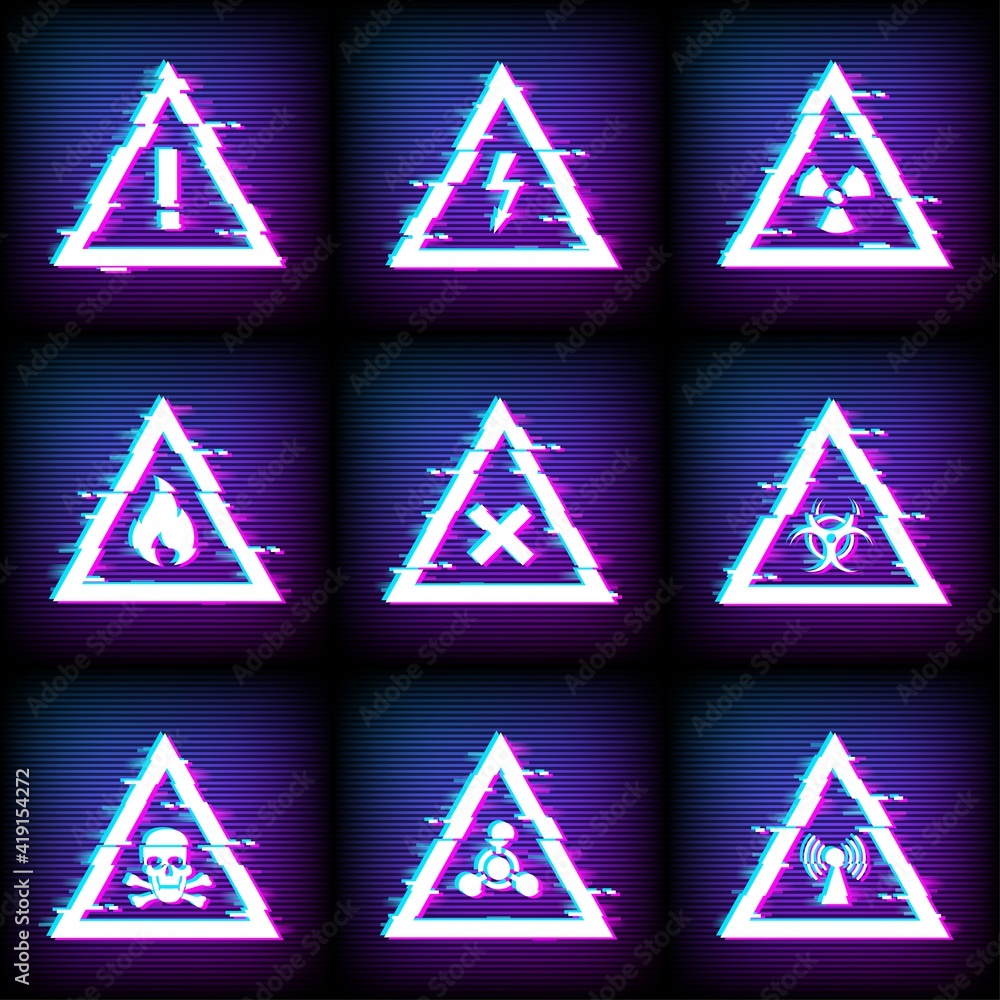 Fototapeta Glitch warning signs on screen, hazard danger vector pixel icons. Digital signal