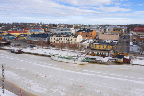 Finland .Porvoo. March 3, 2021. View of the Porvoonjoki river and the city center in winter. Sunny day. Photo from the drone..A high resolution.