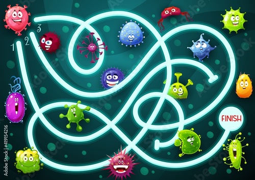 Kids game maze with smiling microbes cartoon characters. Child labyrinth with cute bacteria, viruses or gems vector. Kindergarten game or exercise with finding path among dangerous microorganisms