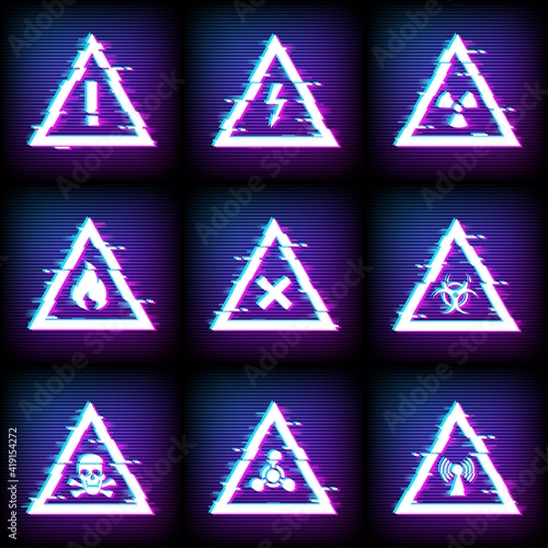 Glitch warning signs on screen, hazard danger vector pixel icons. Digital signal noise, warning symbols in glitch biohazard radiation, high voltage, flammable, and chemical danger triangle signs