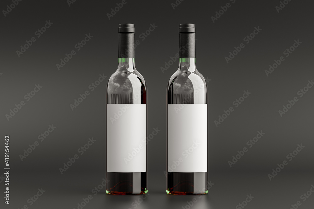 Two red wine bottles 750ml mock up with blank label on black background. Two red wine bottles 750ml mock up with blank label on black background.