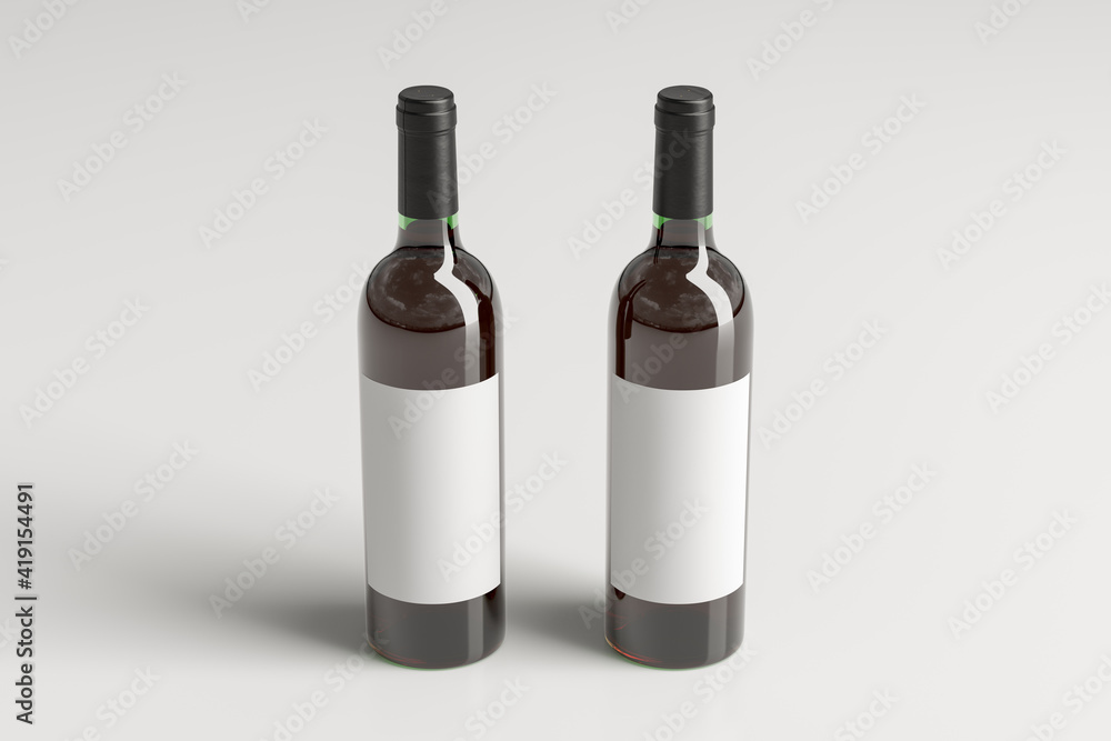 Two red wine bottles 750ml mock up with blank label on white background. Two red wine bottles 750ml mock up with blank label on white background.
