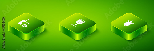 Set Isometric Wine glass, Hop and Beer tap with icon. Vector.