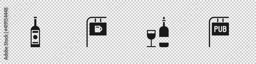 Set Glass bottle of vodka, Street signboard with Bar, Wine glass and Pub icon. Vector.