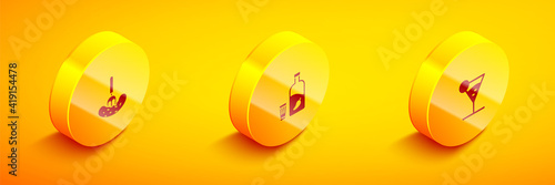 Set Isometric Pickled cucumber on a fork, Vodka with pepper and glass and Martini icon. Vector.