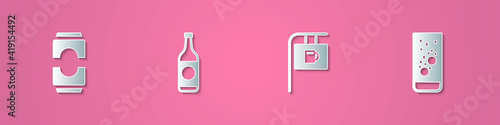 Set paper cut Beer can, bottle, Street signboard with Bar and Effervescent tablets in water icon. Paper art style. Vector.