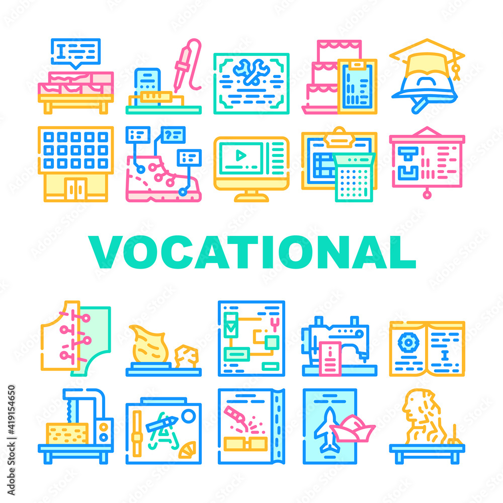 Fototapeta premium Vocational School Collection Icons Set Vector Illustration