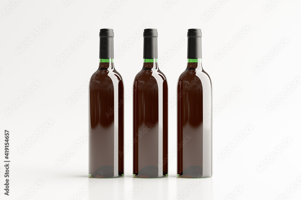 Three red wine bottle 750ml mock up on white background. Three red wine bottle 750ml mock up on white background.