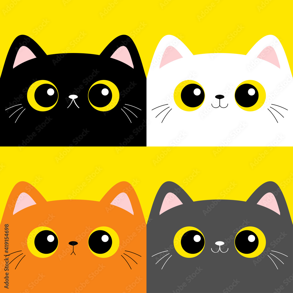 Cat kitten set. Square head face . Cute cartoon character. Kawaii baby pet  animal. Pink ears, nose. Yellow eyes. Notebook cover, tshirt, greeting card  print. Flat design. Yellow background. Stock Vector |