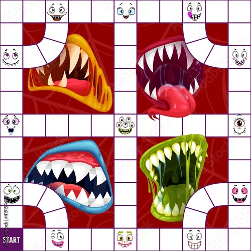 Children board game or puzzle vector template with Halloween monster mouths and faces. Dice boardgame with horror screaming mouths and cute cartoon emoticons of vampire  alien mutant  cyclop and ogre