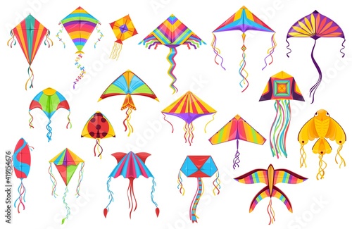Kite paper toys cartoon vector of flying wind toys for summer children games and outdoor activity. Kites with colorful strings, tails and ornaments in shape of butterfly, bird, fish and ladybird