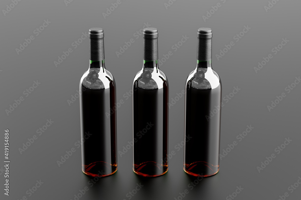 Three red wine bottles 750ml mock up on black background. Three red wine bottles 750ml mock up on black background.