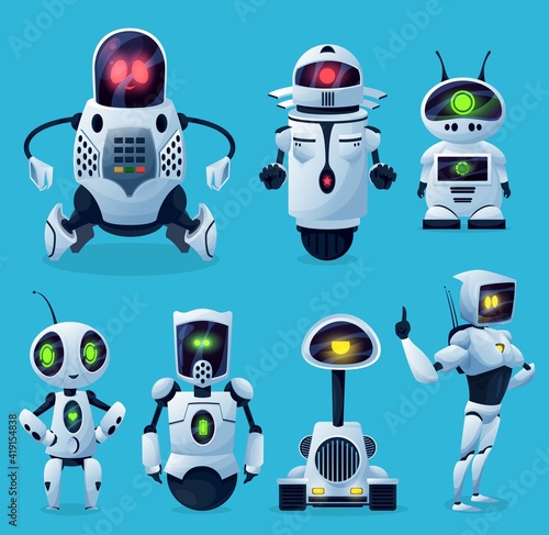 Robots, cartoon AI chatbots and bots, vector kid toy characters. Android robots and future chatbots or robo alien cyborgs, futuristic transformer monsters and game, mascots with digital screen display photo