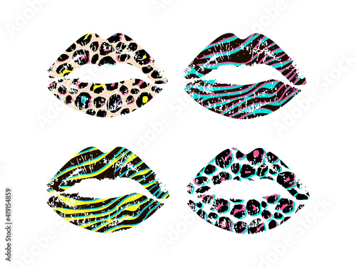 Lips with leopard texture. Grunge wallpaper in vector print giraffe zebra