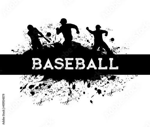 Baseball sport player with bat and ball vector black silhouettes. Baseball team catcher, batter, pitcher and runner pitching, hitting and catching, banner with players, paint splatters and splashes