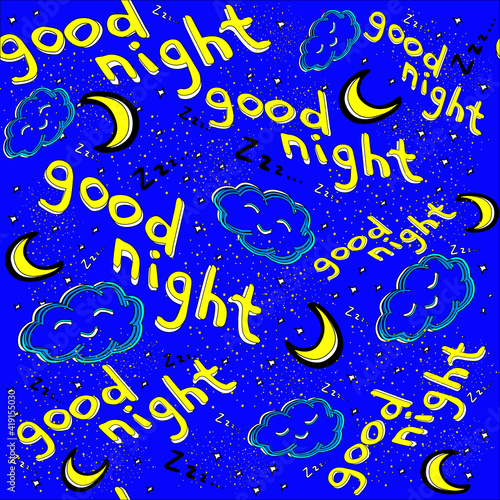 Good night with hand drawn lettering star and moon. Vector illustration. Wallpaper with text good night. Cute cloud  