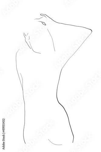 Female silhouette, naked women's body, back. Drawing in minimalist style for elegant design on the theme of beauty, health, care. Vector