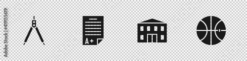Set Drawing compass, Exam sheet with A plus grade, School building and Basketball ball icon. Vector.