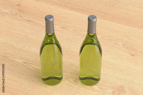 Two white wine bottles 750ml mock up on wooden background.