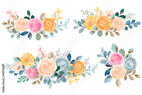 Collection of colorful watercolor roses bouquet